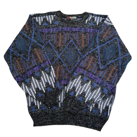VTG Scandia USA Made Adult Sz L Abstract Geometric Purple Black LS Sweater READ - Picture 1 of 10